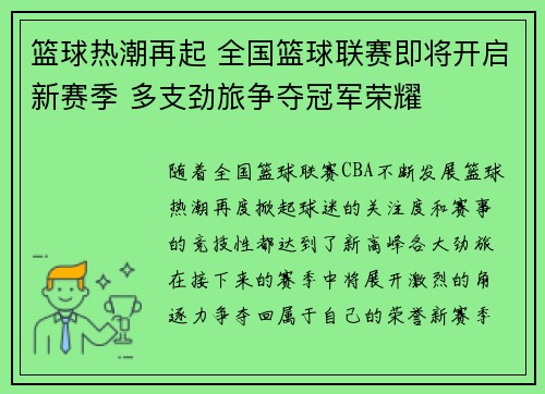 篮球热潮再起 全国篮球联赛即将开启新赛季 多支劲旅争夺冠军荣耀