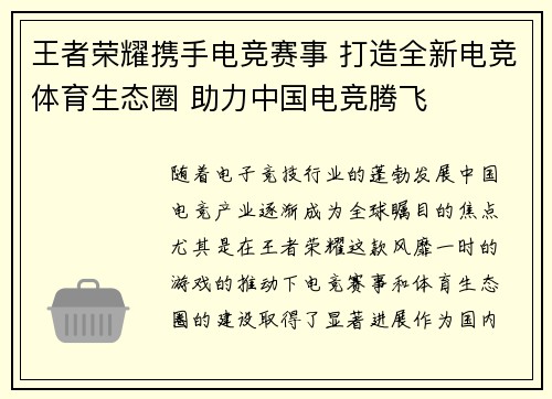 王者荣耀携手电竞赛事 打造全新电竞体育生态圈 助力中国电竞腾飞