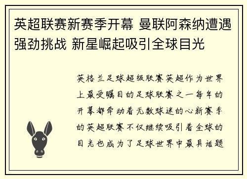 英超联赛新赛季开幕 曼联阿森纳遭遇强劲挑战 新星崛起吸引全球目光