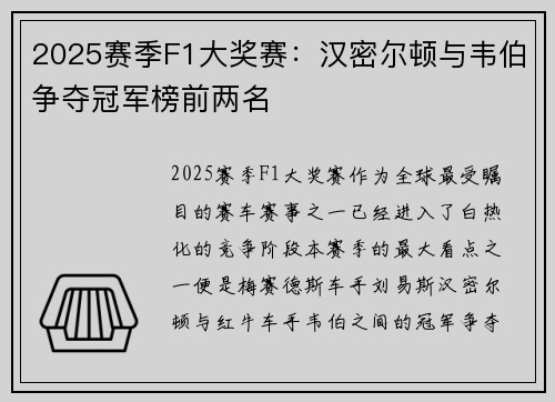 2025赛季F1大奖赛：汉密尔顿与韦伯争夺冠军榜前两名